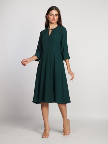 Zink London Women's Dark Green Solid A-Line Midi Dress - SaumyasStore