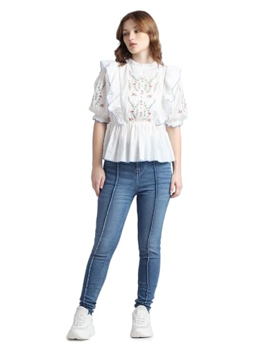 ONLY Women Embroidered Cotton White Peplum Top