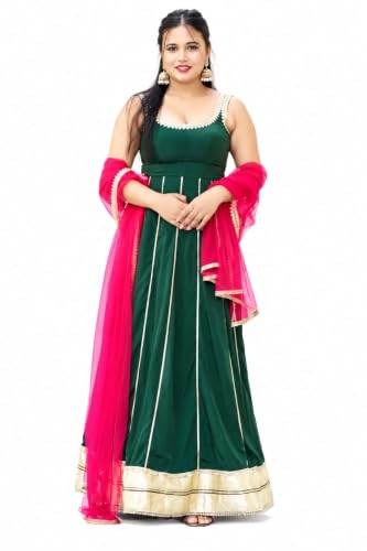 Women's Green Anarkali Gown with Pink Net Dupatta | Gold Gota Patti Border