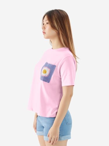 The Souled Store Coral Women and Girls Short Sleeves Round Neck Pink Crochet Pocket Relaxed Fit Cotton T-Shirts