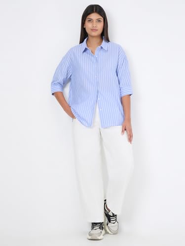 Pepe Jeans Blue Striped Women Three-Quarter Sleeves Shirt