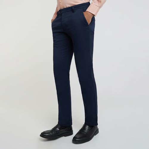Raymond Men's Contemporary Fit Pure Cotton Structure Pattern Dark Blue Flat Front Casual Trouser