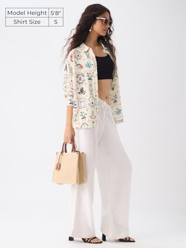 The Souled Store Textured Shirt: Mahjong Tiles Women and Girls Long Sleeves Collared Neck Button Front Beige All Over Printed Oversized Fit Cotton Boyfriend Shirts