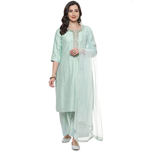 BIBA Women's Ethnic Green Cotton Kurta Suit Set (Size_S)
