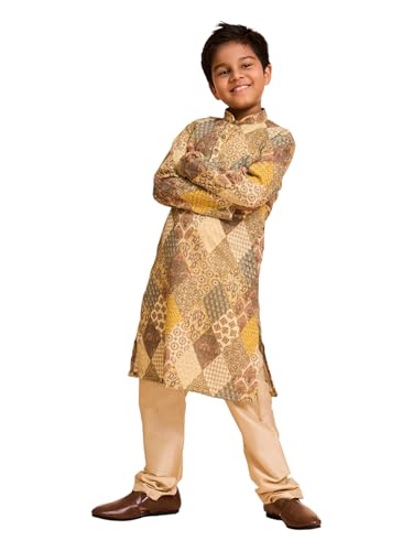 Manyavar Boys Cotton Blend Geometric Patterns Printed Kurta Pyjama Set (Light Mid Green,12-14Y)