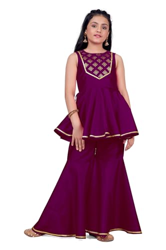 Fashion Dream Girl's Cotton Blend Printed Salwar Suit Set|Kids Salwar Suit Set|Ethnic Wear for Kids|Suit for Girls|Sharara Set for Girls (FDGSET00492 PRP 36_Purple_11-12 Years)