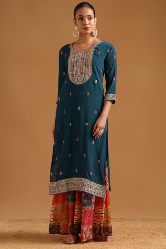 Soch Womens Teal Viscose Blend Ethnic Motifs Zari Embroidered Salwar Suit With Sequin