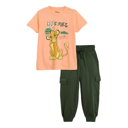 Hopscotch Boys Short Sleeves Orange 2-Pc Simba Sequined Cotton Joggers Set For Age (3-4 Years)