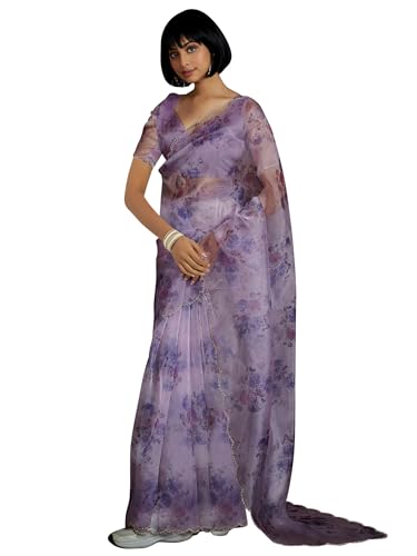 SAREE MALL Women's Lavendar Organza Floral Printed Saree With Unstitched Blouse (MAHEK937C_MK)