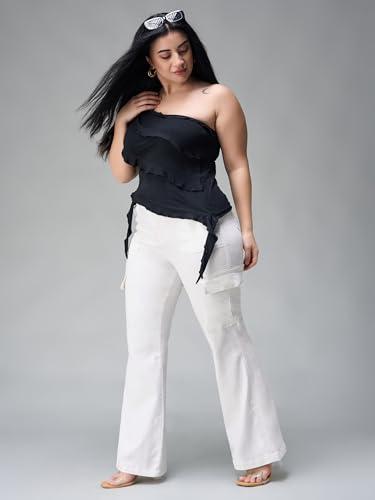 Miss Chase A+ Women's Wide-Leg High-Rise Regular-Length Stretchable Cargo Denim Jeans (APSS23DEN12-52-LMF-36, Oat White, 36)