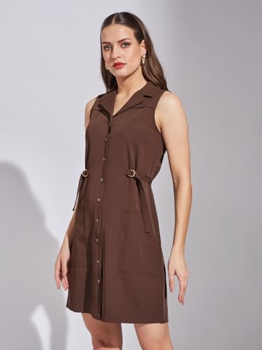 Latin Quarters Women Brown Sleeveless Casual Solid Dress_L