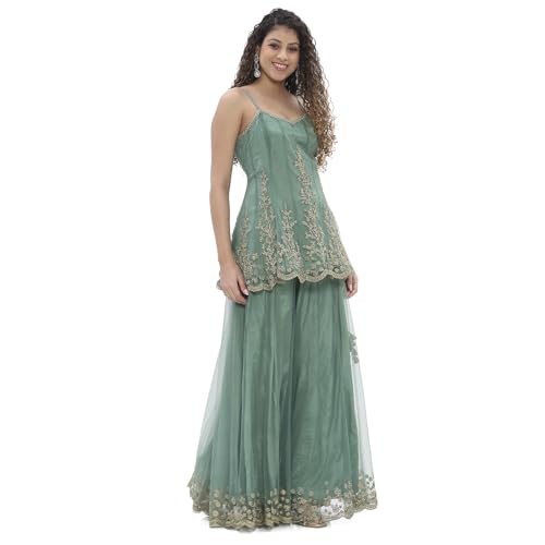 BIBA Women Green Net Embroidered Kalidar Suit Set_30