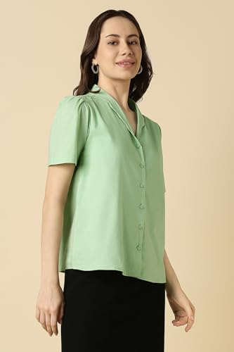 Allen Solly Women Green Solid Short Sleeves Shirt