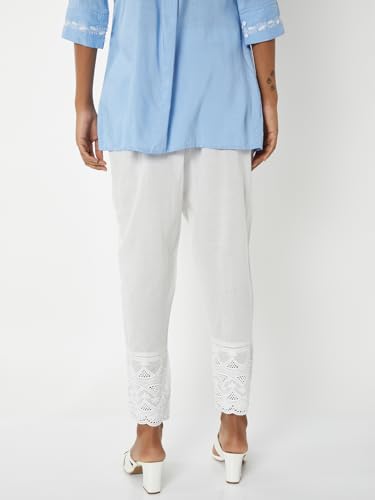 Max Women Embroidered Hem Straight Pants (White_XL)
