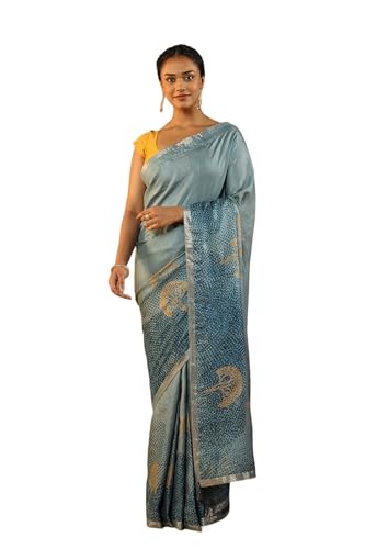 Taneira Women Blue Pure Tussar Silk Hand Painted Saree with Unstitched Blouse Piece (SHH08D00043-Light Blue)