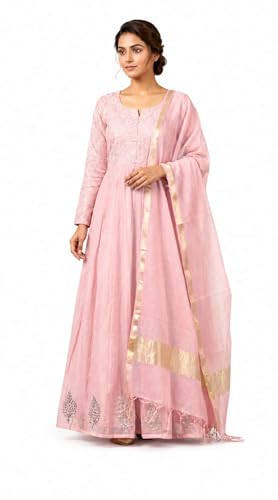 Gown in Mal Chanderi, Sage Green, Full Mukesh Embroidery Work, Sizes 36 to 50, Length 50 (in, Alpha, 4XL, Regular, Pink)