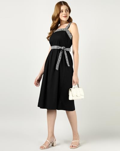 Sands of India Women’s Black Embroidered Midi Dress | Sleeveless Belted Evening Dress | Elegant Party, Casual Dress for Women