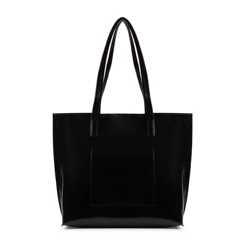 Fastrack Black Patent Party Tote Bag for Women, Girls and Ladies | Spacious Tote Bag with Button Closure