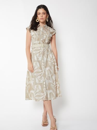 Max Women Printed Belted Shirt Dress (Beige_M)