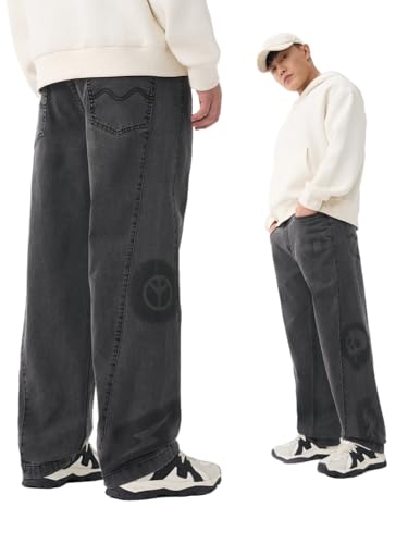 The Souled Store Shadow Drift Men and Boys Zip Fly Charcoal Grey Washed Cotton Spandex Lightweight Comfortable Everyday Baggy Fit Denim Jeans