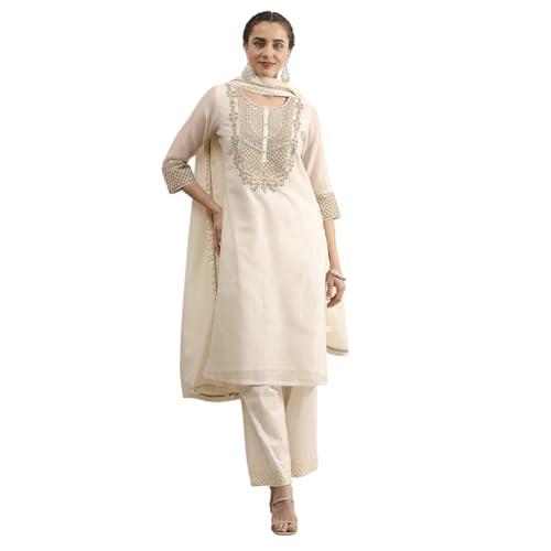 Biba Women's Polyester Kurta, Bottom, Dupatta (SKDUTSV31130AW25OWHT