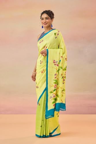 Taneira Women Light Green Silk Bengal Hand Paint Embroidery Saree with Unstitched Blouse (SAIH01AD4870 - Light Green)