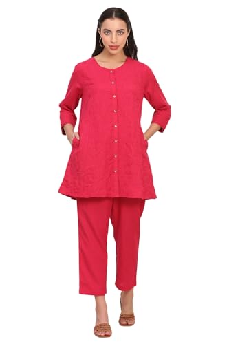 W for Woman Solid Embroidered Rayon Flax A-line Red Tunic and Straight Pants Co-ord Set (Size: XS)-WSST31085-603668