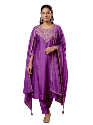VARNI FABRICS: A lady's First Love Women's Vichitra Silk Embroidered Kurta With Pants and Dupatta, Ethnic Wear Set (IN, Alpha, S, Regular, Purple)