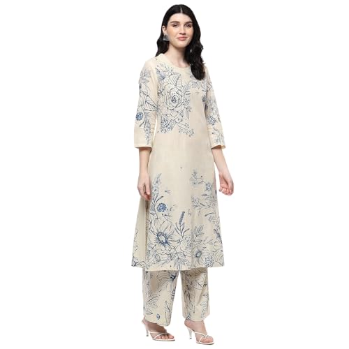 BIBA Women Off-White and Blue Cotton Straight Suit Set_44