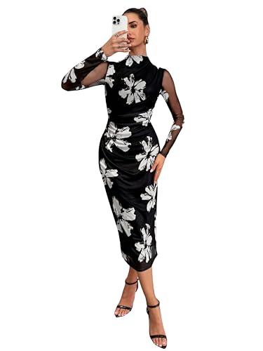 FASHION YARI Women's Summer Mesh Sheer Long Sleeve Midi Ruched Bodycon Dress Mock Neck Elegant Evening Party Cocktail Dresses Black