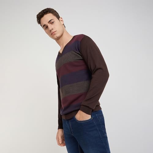 Park Avenue Men's Regular Fit Acrylic Wool Blend Full Sleeve V Neck Stripe Pattern Dark Brown Casual Sweater (Size: M)-PCWA00268-O8