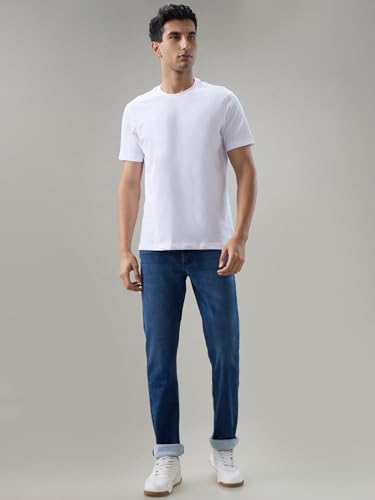 Park Avenue Men Slim Fit Solid Pattern Cotton Blend Flat Front Casual Jeans Blue