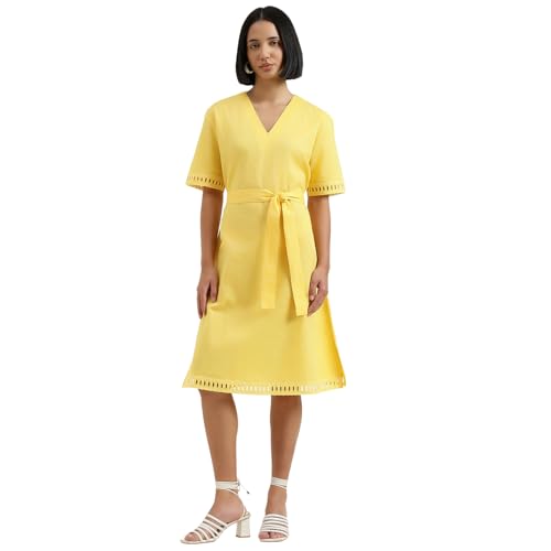 United Colors of Benetton Regular Fit V-Neck Self Design Dress (Size : S) - 26P4WVNDR307I3N8 Yellow