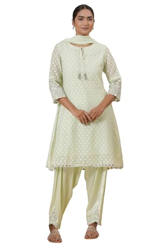 W for Woman Folksong Green Festive Embroidered Cotton A-Line Kurta, Salwar Pant & Dupatta_24MAFS11749-930315_2XL