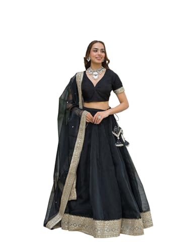 Divena Black Solid Organza Lehenga with Choli and Dupatta