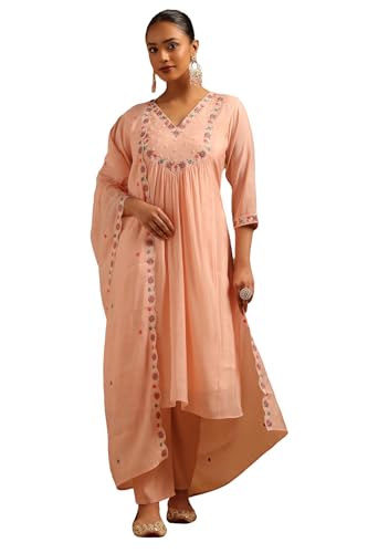 Soch Womens Peach Mul Chanderi Floral Salwar Suit With Hand Embroidery and Bead Details