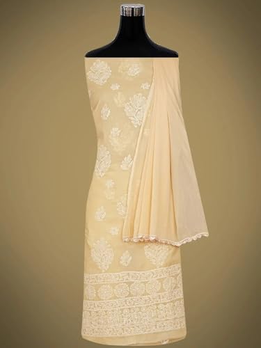 Ada Hand Embroidered Lucknowi Chikankari Unstitched Cotton Dress Material Suit Piece with Dupatta for Women 01A853618 Fawn