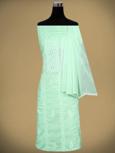 Ada Hand Embroidered Lucknowi Chikankari Unstitched Cotton Dress Material Suit Piece with Dupatta for Women 01A773770 Celadon Green