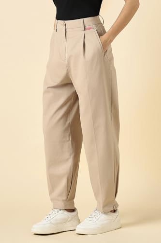 Women Beige Solid Casual Trousers