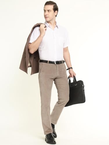 Hancock Men Cotton Solid Slim Fit Trousers Beige Size 30, Machine Washable Easy Care Fabric, Durable Fabric with a Tailored Finish, Classic Silhouette with Modern Comfort