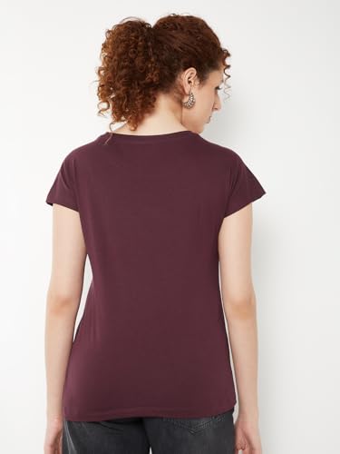Max Women Embroidered Panel T-Shirt (Burgundy_L)