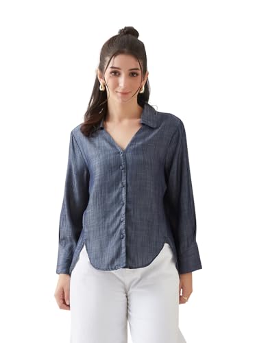 Latin Quarters Women Blue Solid Full Sleeves Casual Shirt_XL