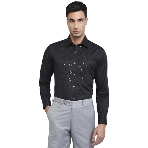 Raymond Men Regular Fit Embroidery Pattern Pure Cotton Cut Away Collar Full Sleeve Tail Bottom Hem Ceremonial Shirt Black