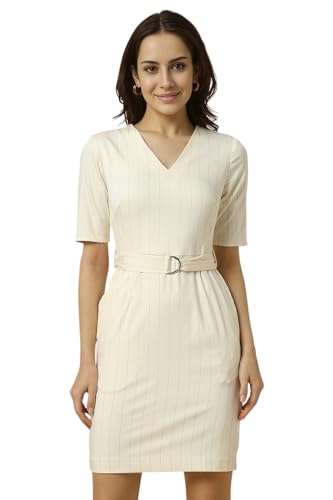 Allen Solly Women's Polyester Blend Modern Mid-Thigh Length Dress (AHDRERGPK22387_Cream