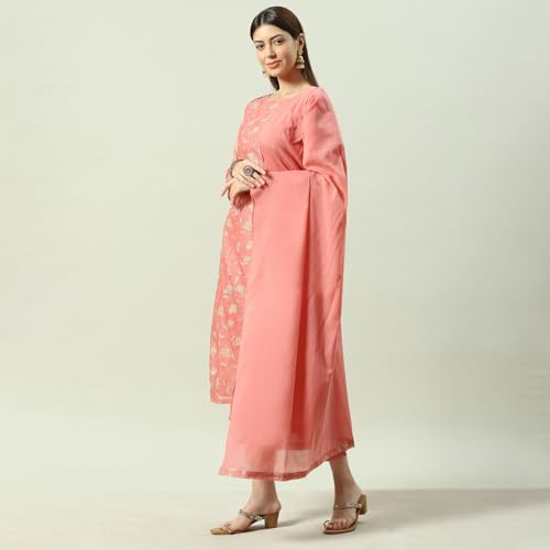 Biba Women Blush Pink Printed Straight Kurta Regular Pants Suit Set_46