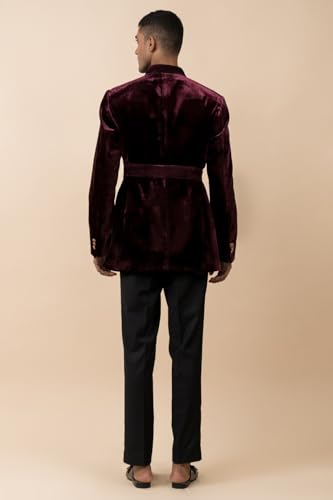 TASVA Wine Velvet Bandhgala With Top Stitch Detailing| Size: L