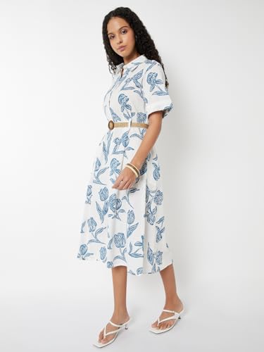 Max Women Printed Shirt Dress with Belt (White_S)