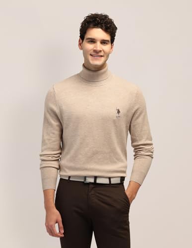 U.S. POLO ASSN. Men's Beige Solid Turtle Neck Long Sleeve Casual Acrylic Regular Fit Pullover Sweater USSWE2253Beige3XL