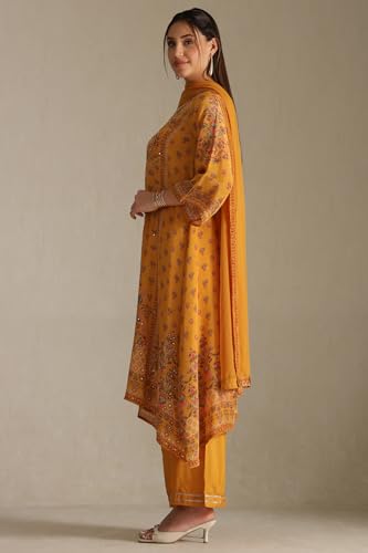 Soch Womens Mustard Crepe Floral Print Suit Set With Stone Work