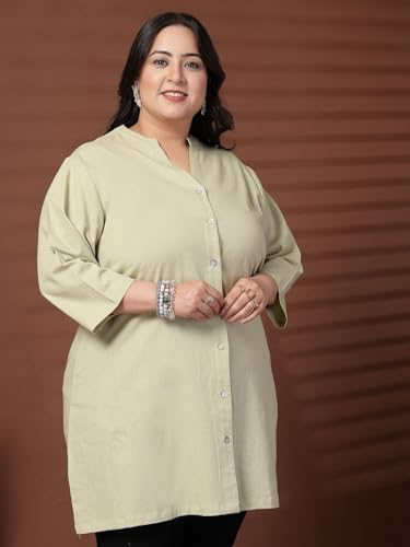 Women Plus Size Solid Linen Tunic (LTNC23468-LIGHTGREEN-4XL)